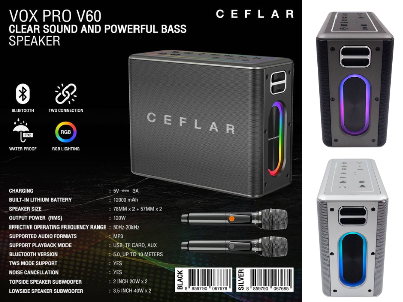 CEFLAR VOX PRO V60 ตู้ลำโพงบลูทูธ พร้อมไมโครโฟนไร้สาย