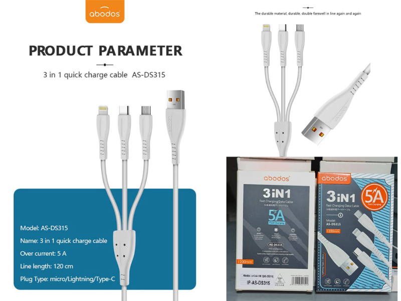 สายชาร์จมือถือแบบ 3-IN-1 ชาร์จได้ 3แบบ ยี่ห้อ abodos รุ่น AS-DS315