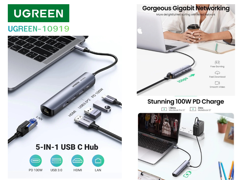 UGREEN 10919 ULTRA SLIM 5-IN-1 USB C HUB WITH ETHERNET AND HDMI