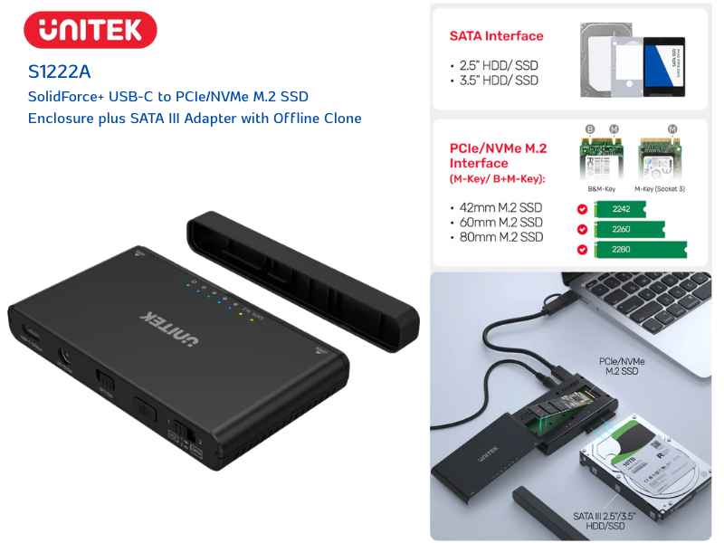 SolidForce+ USB-C to PCIe/NVMe M.2 SSD Enclosure plus SATA III Adapter with Offline Clone