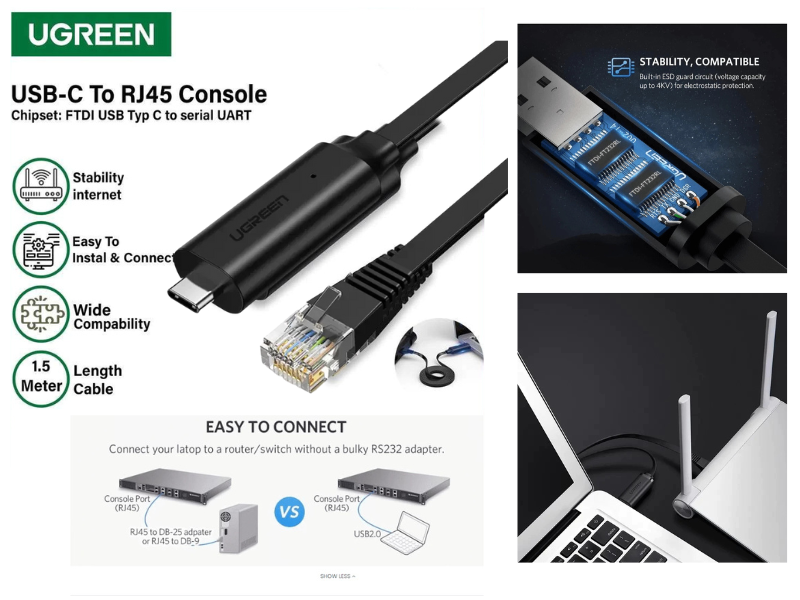 UGREEN สายแปลง USB Type-C เป็น RJ45 Console Cable 1.5เมตร