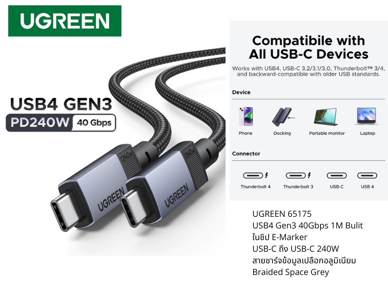 สายชาร์จ USB CtoC PD 240W USB4 Gen3 รองรับ 4K/8K และ Data Transfer 40Gbps รุ่น L705