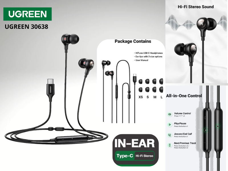 UGREEN หูฟังอินเอียร์ Type C Hi-Fi Stereo มีไมโครโฟน Earbuds In-Ear