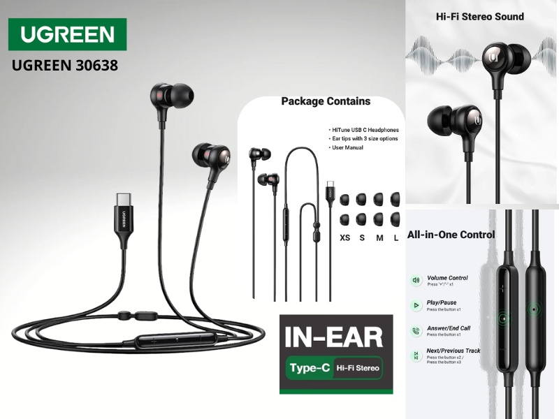 UGREEN หูฟังอินเอียร์ Type C Hi-Fi Stereo มีไมโครโฟน Earbuds In-Ear