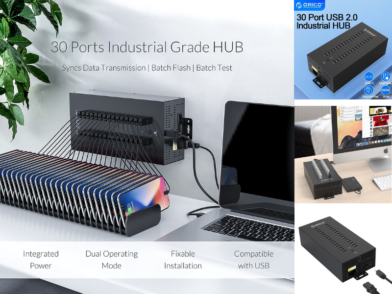 ORICO IH30P Steel 30 Port USB2.0 Industrial HUB with Data Cable and Removable Hanger
