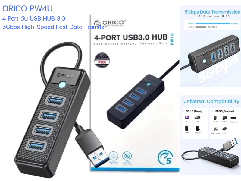 ORICO PW4U-U3 USB HUB 4 พอร์ต ความเร็วในการโอนถ่ายข้อมูลสูงสุด 5Gbps