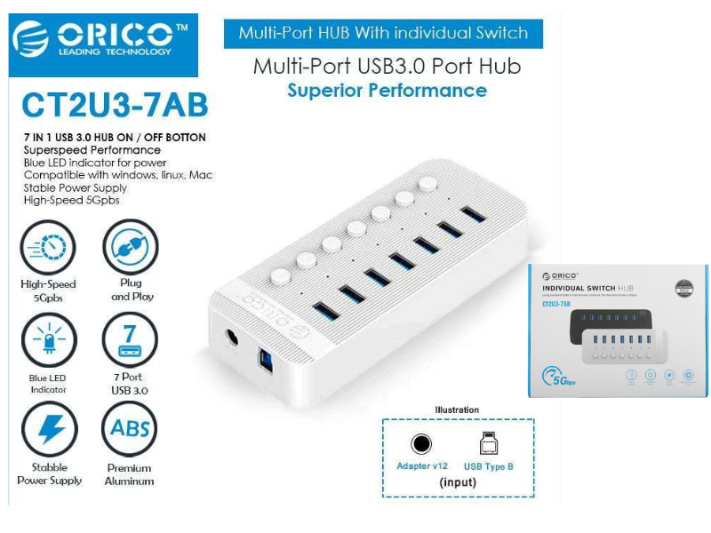ORICO CT2U3-7AB USB Hub 7 พอร์ต ที่มาพร้อมสวิตช์เปิด-ปิดแยกแต่ละช่อง