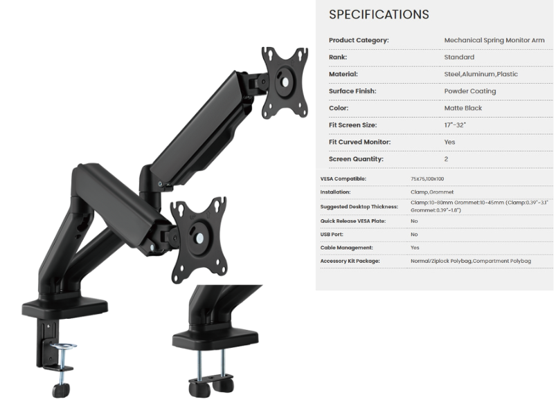 BRATECK Dual Monitor Arm แขนจับจอคู่ Mechanical Spring ขนาดจอ 17-32นิ้ว