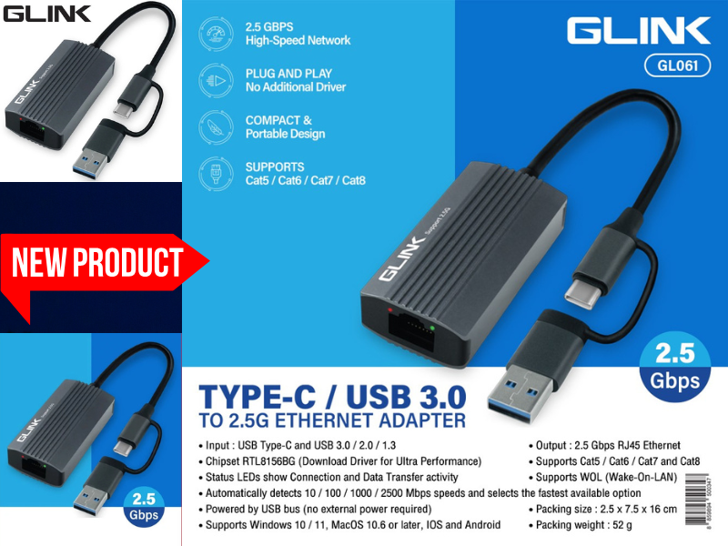 GLINK USB TYPE-C + ADAPTER USB3.0 TO LAN 2.5G ETHERNET