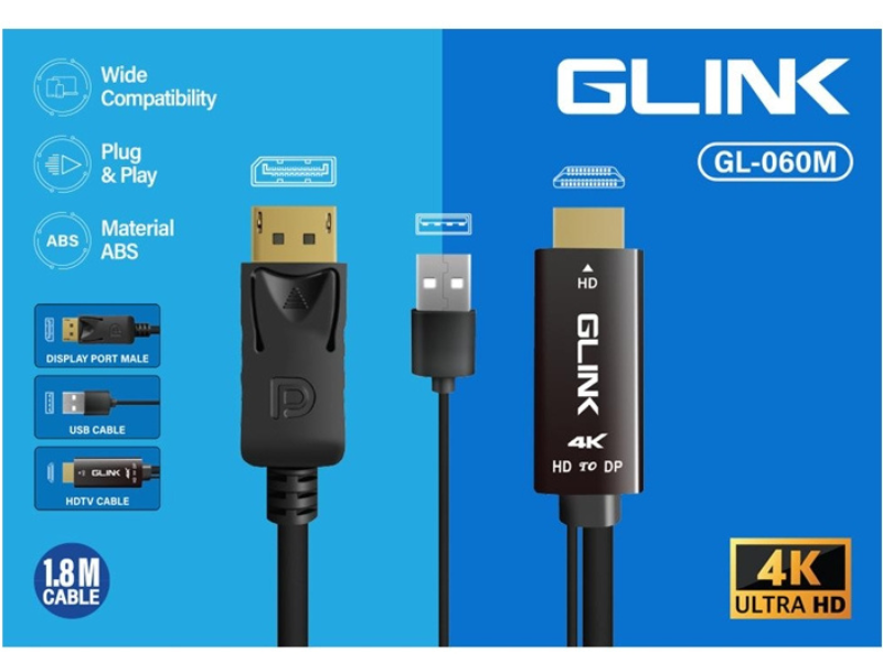 GLINK CABLE HDMI TO DISPLAY PORT 1.8M With USB Power 4K@60HZ.