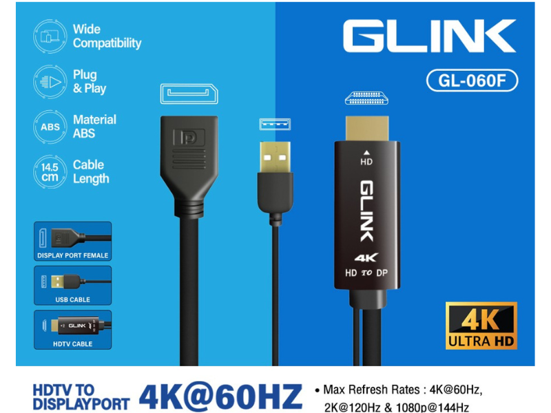 GLINK ADAPTER HDMI TO DISPLAY PORT With USB Power 4K@60HZ.