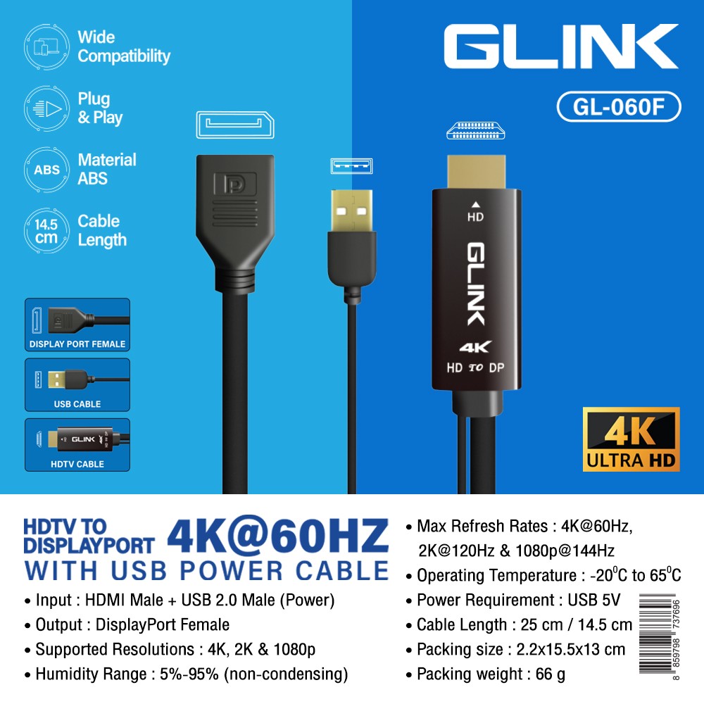 GLINK ADAPTER HDMI TO DISPLAY PORT With USB Power 4K@60HZ.