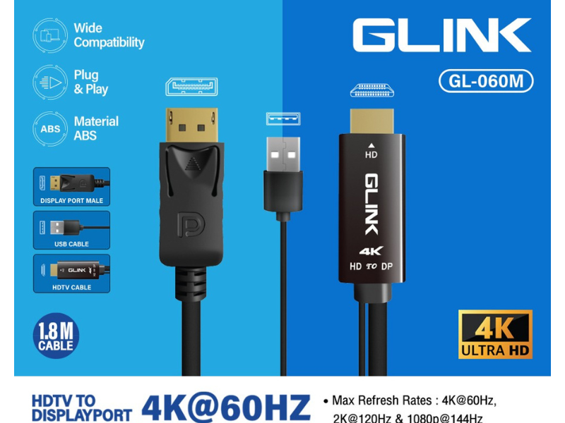GLINK CABLE HDMI TO DISPLAY PORT 1.8M With USB Power 4K@60HZ.