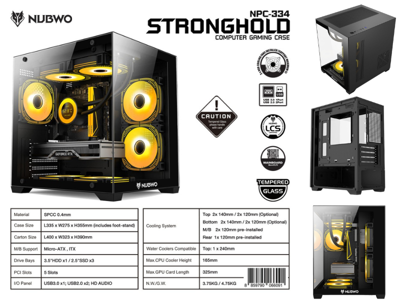 NUBWO STRONGHOLD เคสคอมพิวเตอร์ PC mATX CASE NPC-334 3FANs RGB