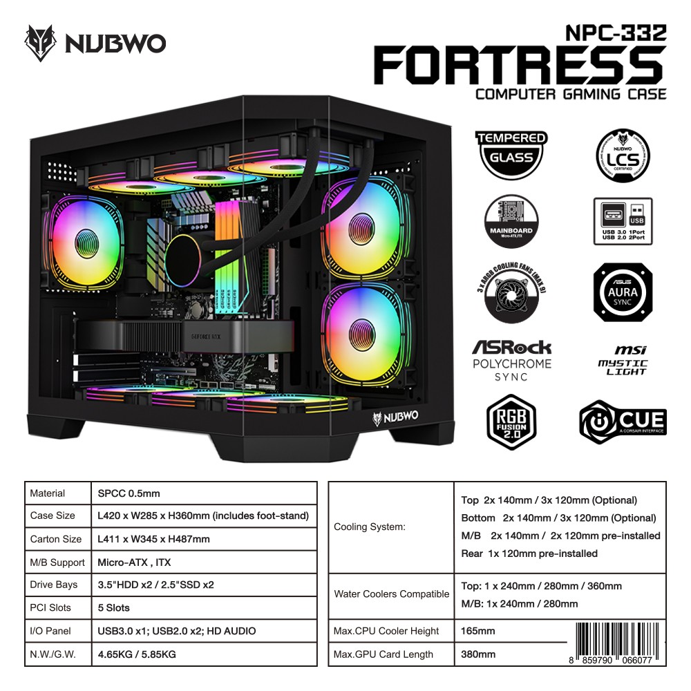 NUBWO FORTRESS เคสคอมพิวเตอร์ PC mATX CASE NPC-332 3FANs RGB