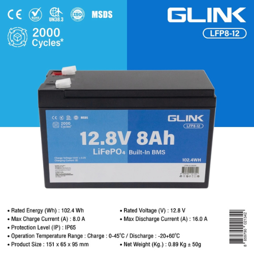 GLINK LFP8-12 Battery LiFePO4 12.8V-8A Built-In BMS แบตเตอรี่ มีระบบ BMS ในตัว