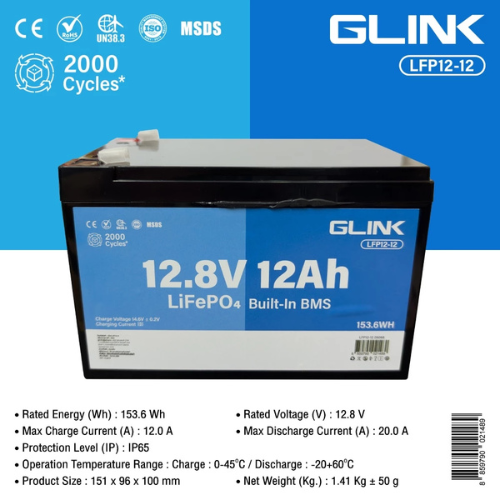 GLINK LFP12-12 Battery LiFePO4 12.8V-12A Built-In BMS แบตเตอรี่ มีระบบ BMS ในตัว