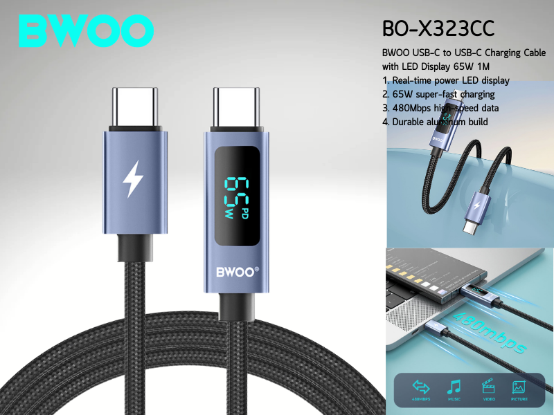 BWOO USB-C to USB-C Charging Cable with LED Display 65W 1.0M