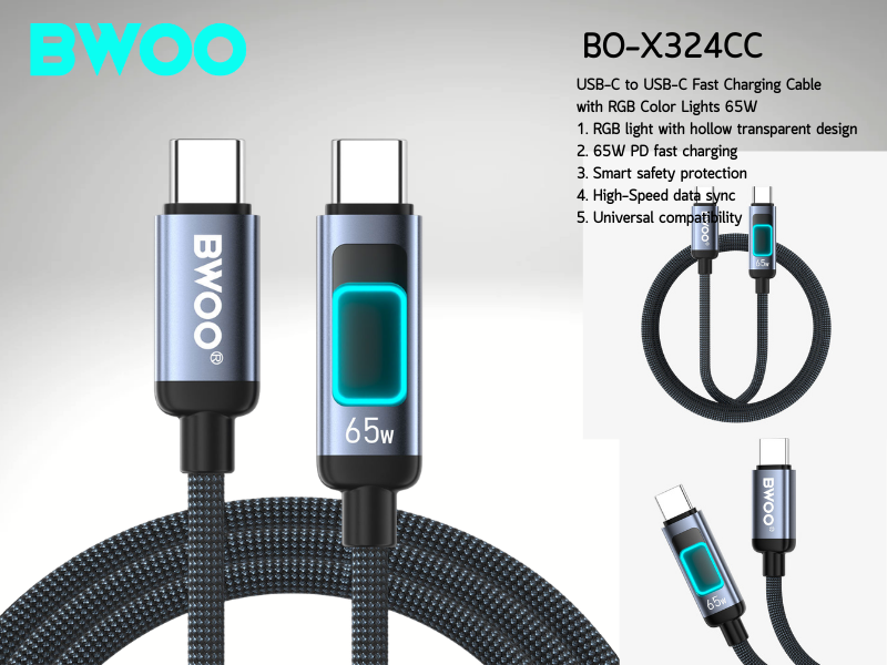 USB-C to USB-C Fast Charging Cable with RGB Color Lights 65W 1.0M