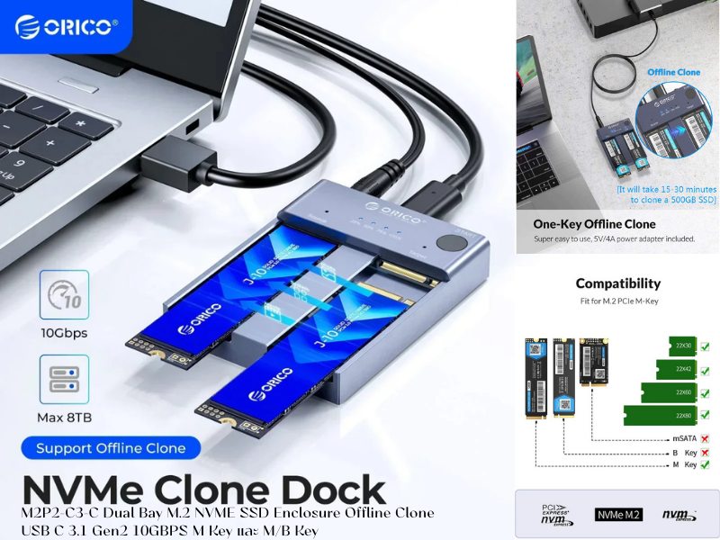 Dual Bay M.2 NVME SSD Enclosure Offline Clone USB C 3.1 Gen2 10GBPS