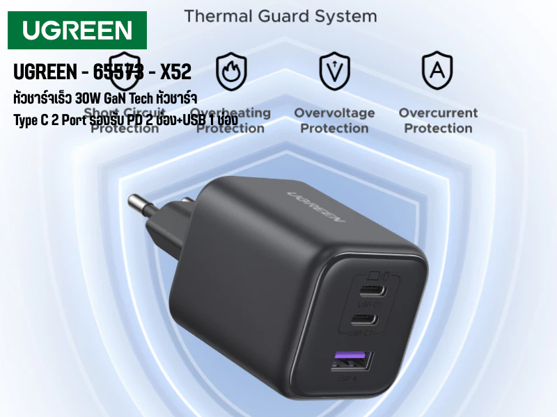 UGREEN หัวชาร์จเร็ว 30W GaN Tech หัวชาร์จ Type C 2 Port รองรับ PD 2 ช่อง+USB 1