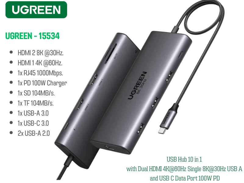 UGREEN USB Hub 10 in 1 with Dual HDMI 4K@60Hz Single 8K@30Hz USB A and USB C Data Port