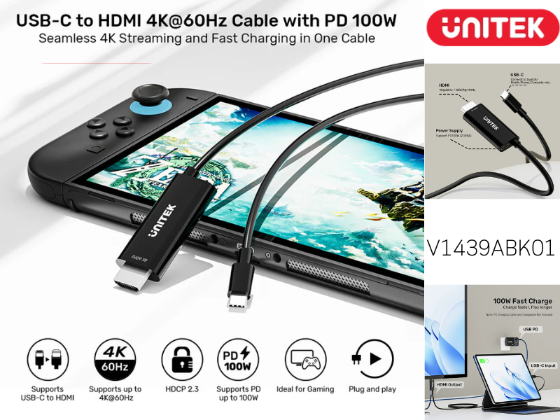 UNITEK CABLE USB-C TO HDMI M/M สายยาว 2เมตร 4K@60Hz with PD 100W