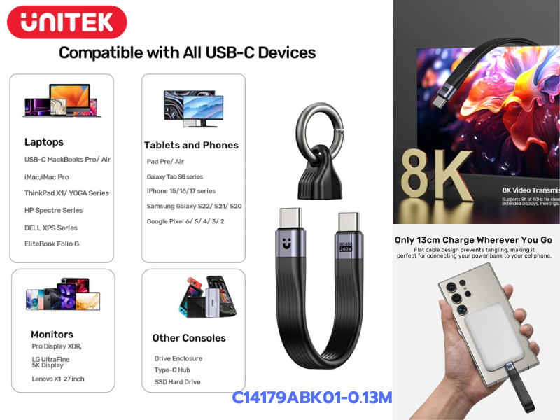 UNITEK Full-Featured USB4 Keychain Cable with 240W PD ต่อจอภาพได้