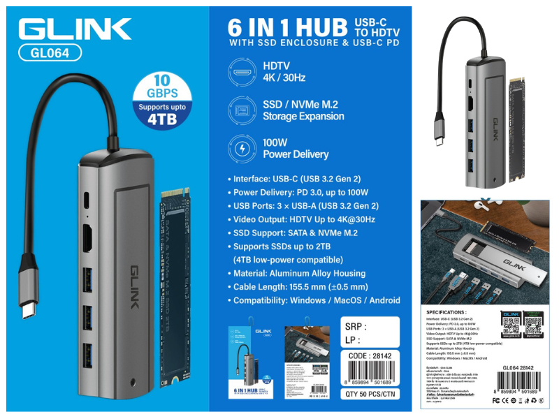 GLINK GL064 6 in 1 Hub USB-C to HDMI WITH SSD ENCLOSURE