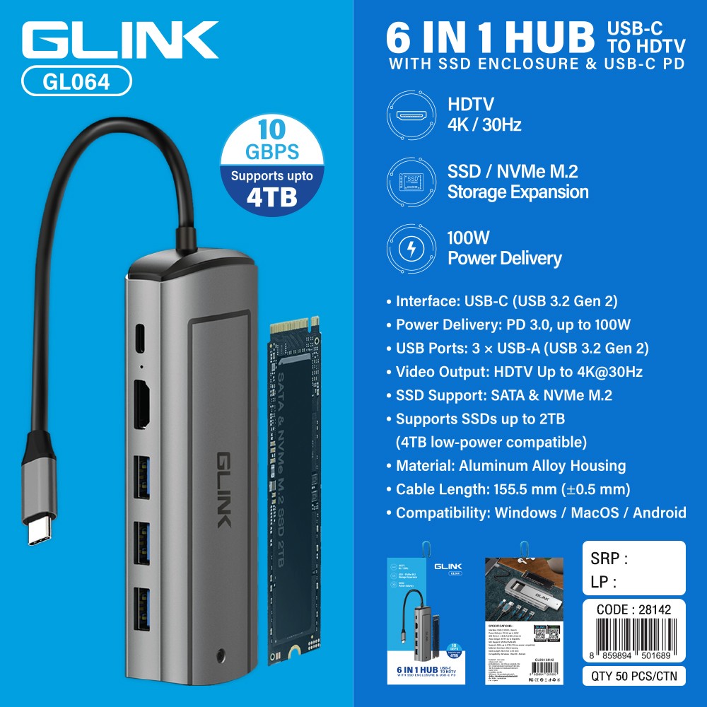GLINK GL064 6 in 1 Hub USB-C to HDMI WITH SSD ENCLOSURE