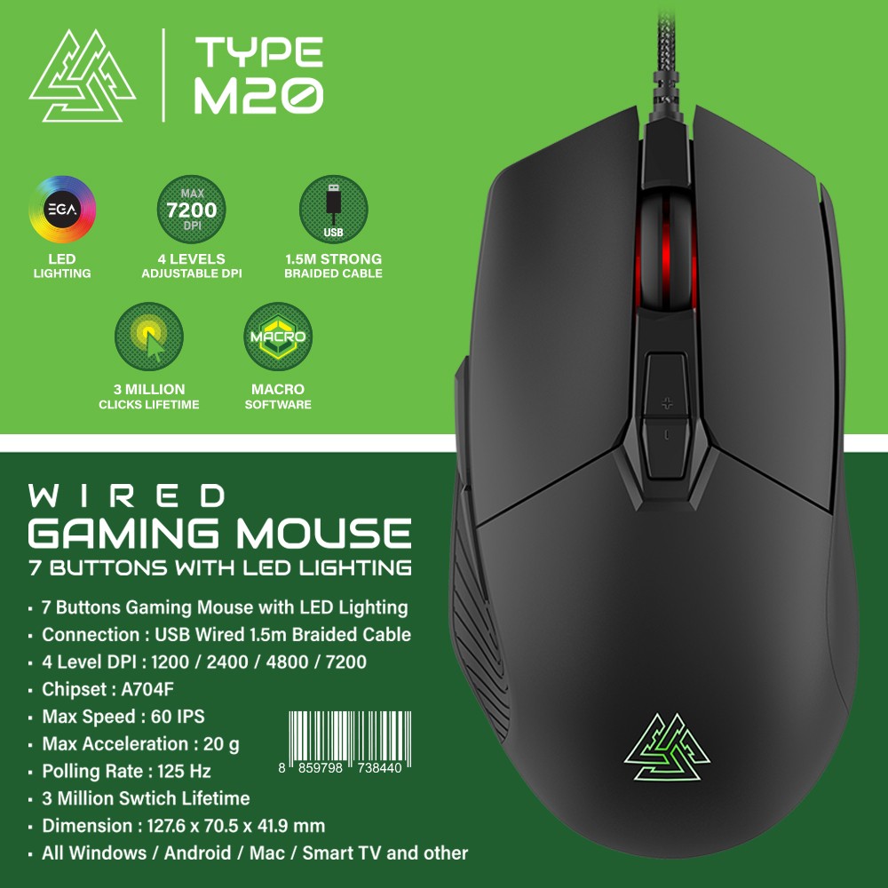 EVA TYPE M20 USB GAMING MOUSE 7BUTTONS WITH LED LIGHTING