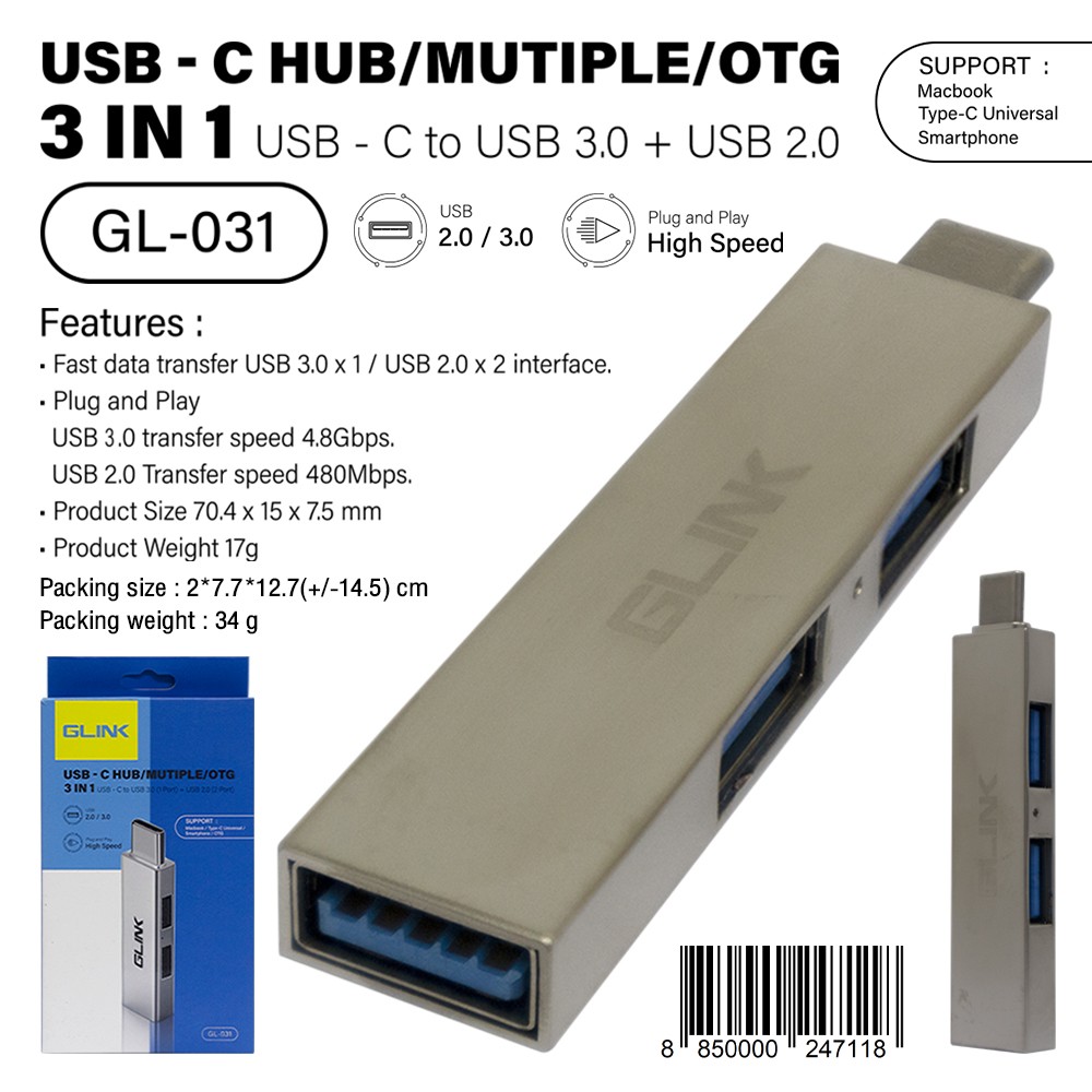 GLINK 3-in-1 USB-C HUB OTG | USB-C TO HUB plug and play iOS/Android/Windows/Mac