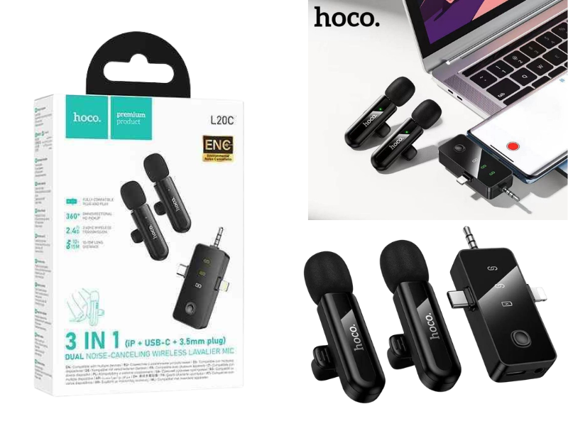 ไมโครโฟนไร้สายสำหรับไลฟ์สด HOCO L20C (3-in-1 Dual Wireless Lavalier Microphone)