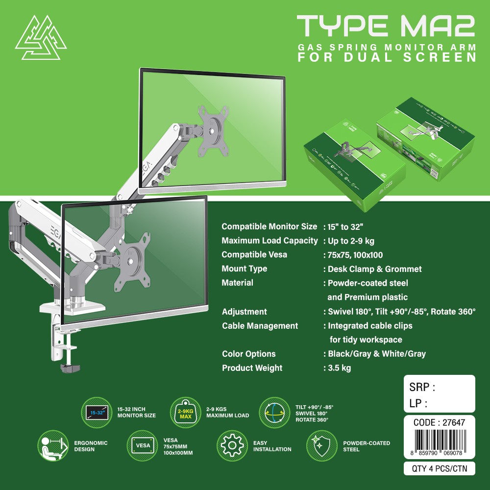 ขายึดจอคอมพิวเตอร์ 2จอ EGA Mosel Type MA2 รองรับขนาดจอ 15-32นิ้ว น้ำหนักไม่เกิน 9กิโลกรัม