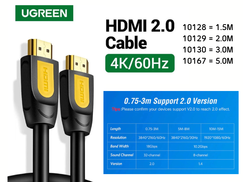 UGREEN HDMI V2.0 CABLE 4K 60Hz. สายยาว 3เมตร สายสัญญาณคุณภาพสูง