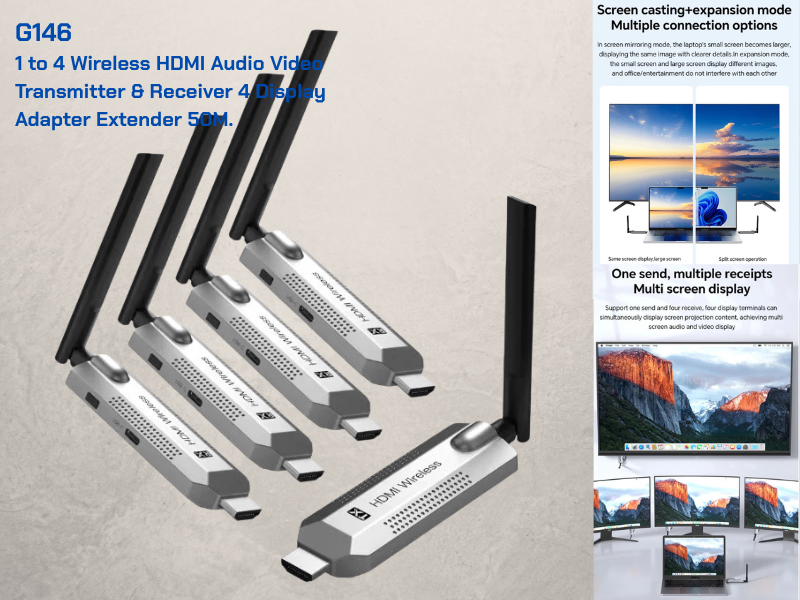 Wireless HDMI Audio Video Transmitter & Receiver 4 Display Adapter Extender 50M.