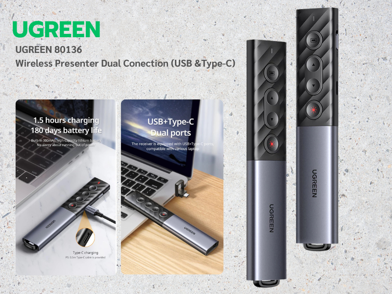 UGREEN Laser Pointer Wireless Presenter แสงสีแดง แบบชาร์จUSB-A/USB-C