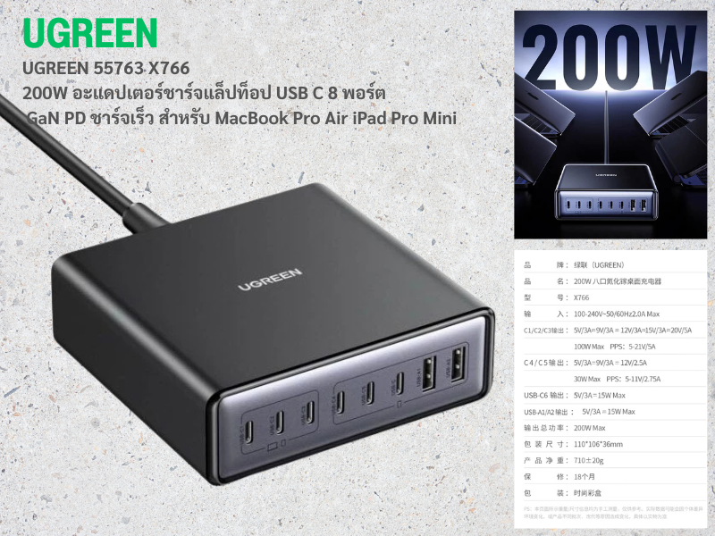 UGREEN Adapter Charger for MacBook 200W(USB-C 6 Port + USB-A 2 Port)