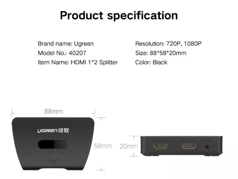 UGREEN HDMI Splitter 1x2 - กล่องแยกสัญญาน 1x2 (4K)