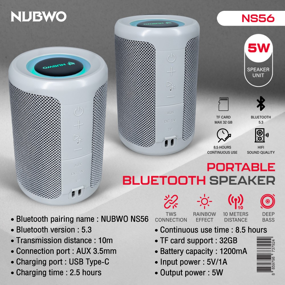 NUBWO ลำโพงพกพาแบบไร้สายรุ่นNS56 ลำโพงไร้สาย มีไฟแบบ Rainbow