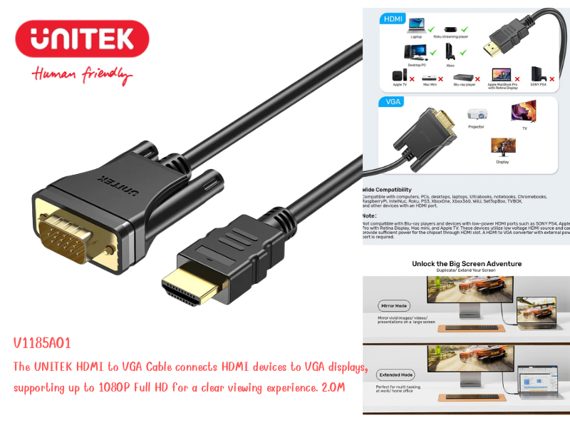 UNITEK สายแปลงสัญญาณจาก HDMI (ดิจิทัล) ไปเป็น VGA (อนาล็อก) 2.0เมตร