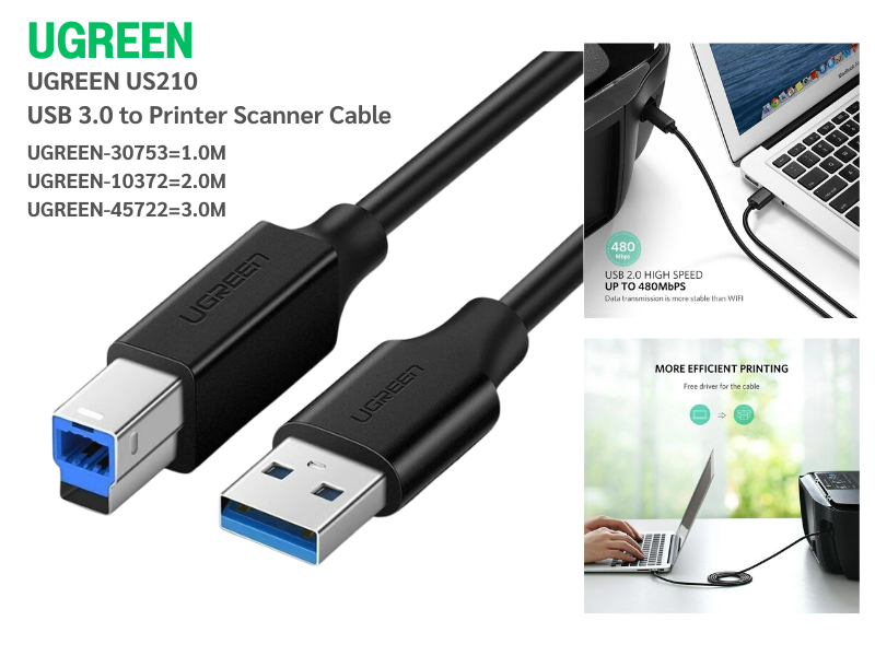 UGREEN รุ่น US210 USB 3.0 Printer Cable สายยาว 3เมตร 5Gbps