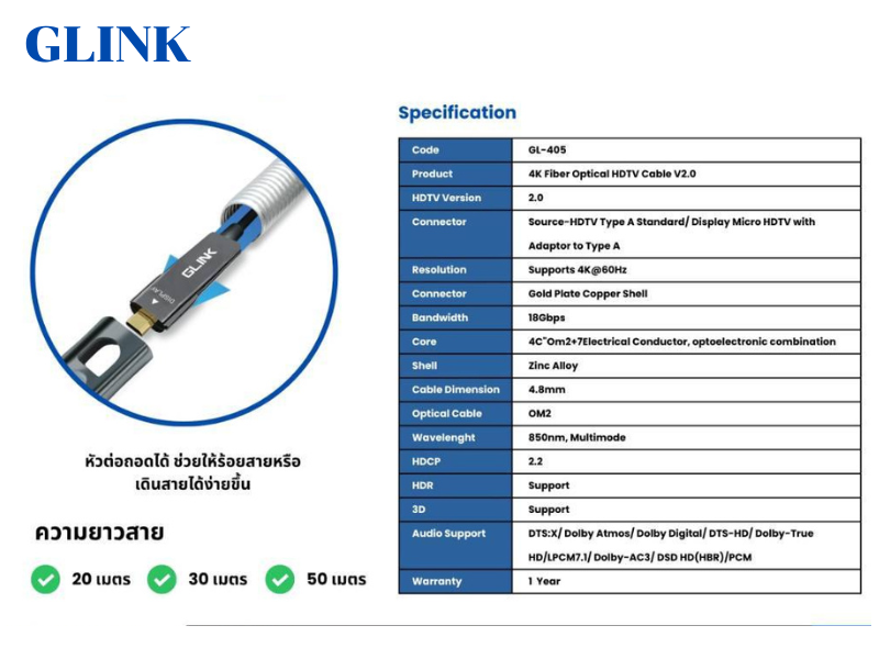 GLINK HDMI FIBER OPTIC 4K (18Gbps) หัวต่อถอดออกได้ เป็น Micro HDMI 50.0M