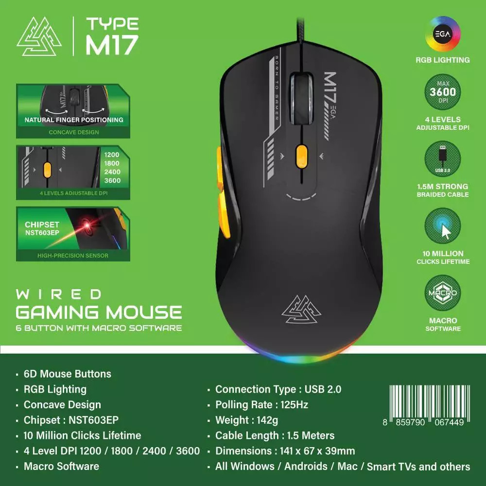 EGA Type M17 Gaming Mouse เมาส์เกมมิ่งพร้อมไฟ RGB DPI 4 ระดับ