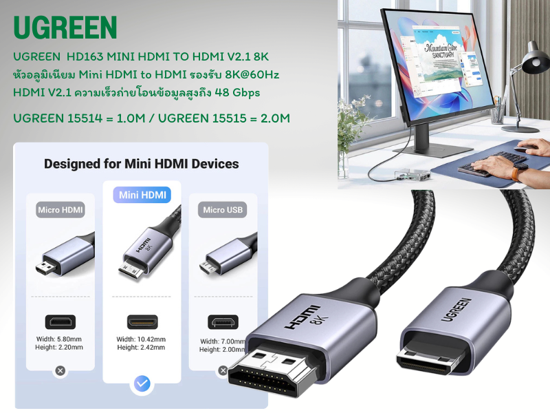 UGREEN MINI HDMI  TO HDMI CABLE V2.1 Support 8K / 60Hz 2.0M