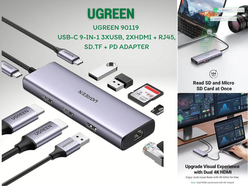 UGREEN USB-C 9-IN-1 3XUSB, 2XHDMI + RJ45, SD.TF + PD ADAPTER