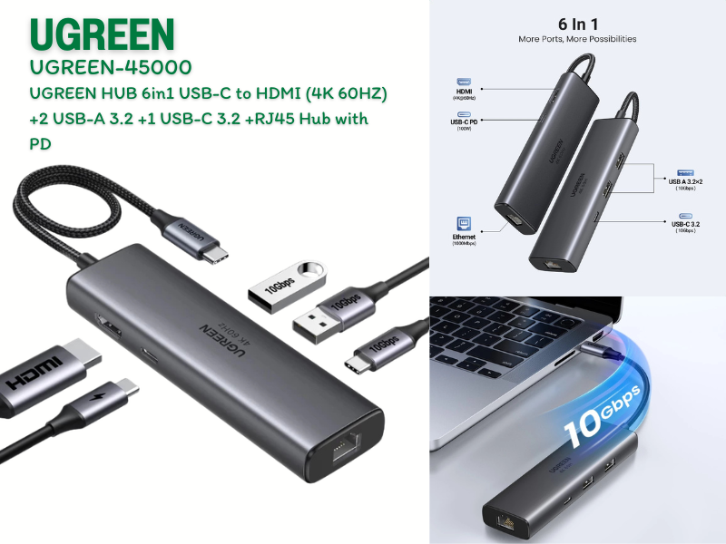 USB-C 6-IN-1HDMI +2USB-A 3.2 +1USB-C 3.2 +RJ45 Hub with PD