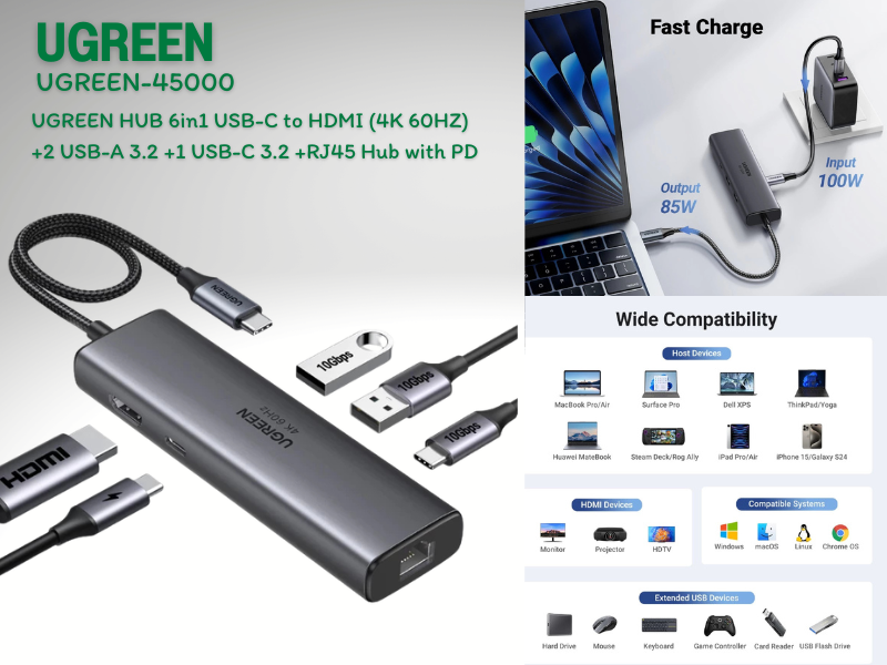 USB-C 6-IN-1HDMI +2USB-A 3.2 +1USB-C 3.2 +RJ45 Hub with PD