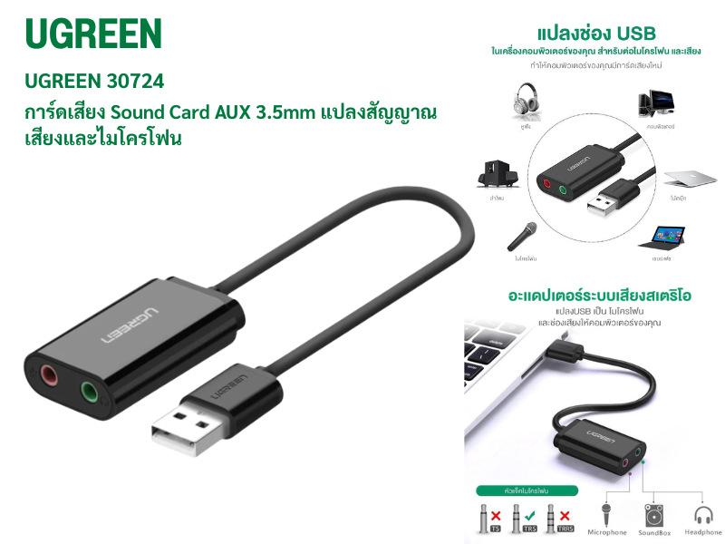 UGREEN รุ่น 30724 Sound Card AUX 3.5mm แปลงสัญญาณเสียงและไมโครโฟน