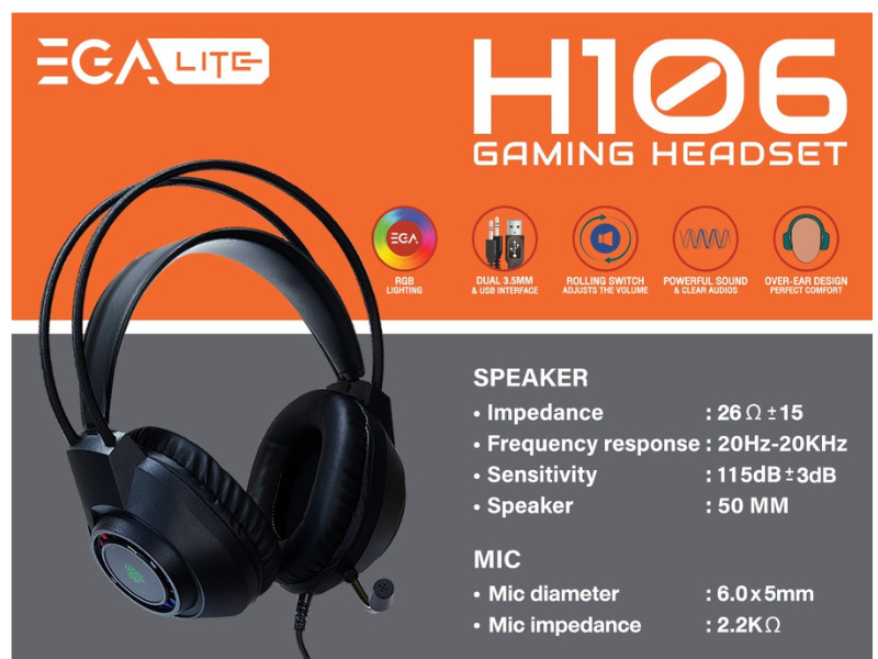 EGA H106 หูฟังเกมมิ่ง เชื่อมต่อผ่านสาย USB + 2 Jack 3.5mm